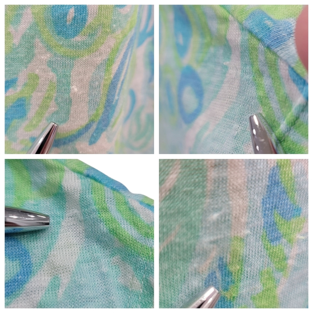 Lilly Pulitzer Linen Duval Notch Top Green Blue Cap Sleeve T-Shirt Women’s Small - Picture 12 of 15